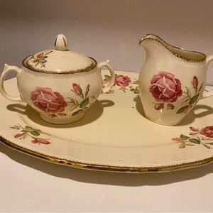 Royal Swan Stafford China 22KT gold trimmed cream/sugar.   Also platter